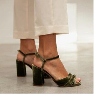 FSJ Olive Green Velvet Sandals Ankle Strap High Block Open Toe Dress Pumps
